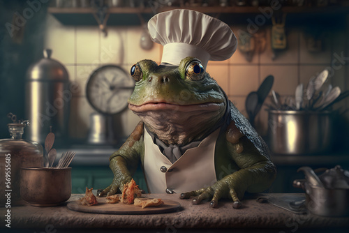 Portrait d'un chef grenouille dans les cuisines d'un restaurant » IA générative