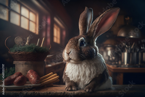 Portrait d'un chef lapin dans les cuisines d'un restaurant » IA générative
