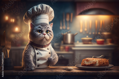 Portrait d'un chef chat dans les cuisines d'un restaurant » IA générative