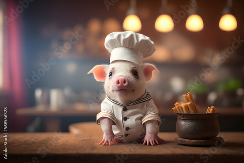 Portrait d'un chef bébé cochon dans les cuisines d'un restaurant » IA générative