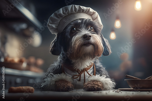 Portrait d'un chef chien dans les cuisines d'un restaurant » IA générative