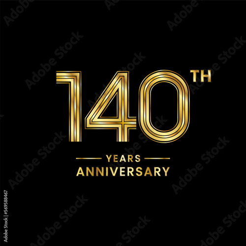 140 years anniversary logo design with golden numbers and text for anniversary celebration event, invitation, wedding, marriage, greeting card, banner, poster, flyer, brochure. Logo Vector Template