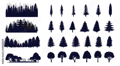 Tree and forest silhouettes on the white background