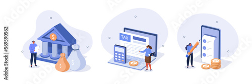 Taxation illustration set. Characters preparing tax declaration, making income tax refund and calculating business invoices. Financial management concept. Vector illustration. 