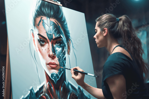Female artist is paint a portrait of self as a cyborg. AI generated illustration.