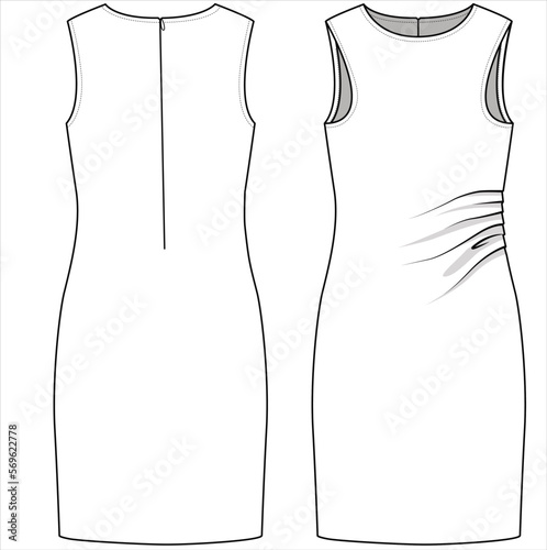 FRONT AND BACK SKETCH OF SLEEVLESS RACER FRONT KNIT DRESS WITH KNIFE PLEAT DETAIL FOR TEEN GIRLS, YOUNG WOMEN AND WOMEN IN VECTOR ILLUSTRATION