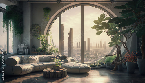 Zoom background: a futuristic penthouse living room with large round window, Generative AI