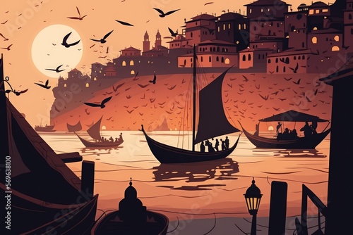 Varanasi's ancient Indian cityscape at dusk with a view of the Ganges river ghat. a wooden boat with migrant birds was spotted on the Ganga river. Generative AI