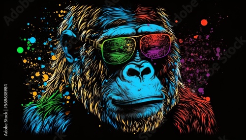 Colorful abstract line art happy animal with sunglasses gorilla