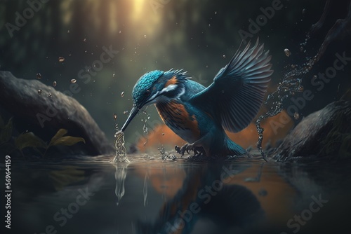 Beautiful Kingfisher plays in the water created with generative ai technology
