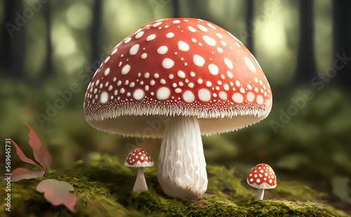 Amanita muscaria, fly agaric in a forest. Generative AI technology.