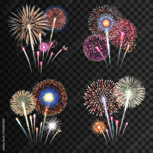 Groups of realistic fireworks isolated on transparent background. Vector illustration. 