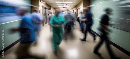 Busy Fast-Paced Crowded Overcrowded Hospital Emergency Room Hall Corridor Waiting Room Timelapse Motion Blur With Doctors and Nurses Walking, Moving, Running Quickly