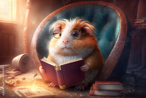 Cunning guinea pig sits in a leather armchair and reads a book with glasses 