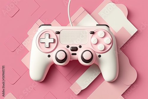 White game controller, joystick, gamepad on a pink background with abstract geometric shapes. Generative AI