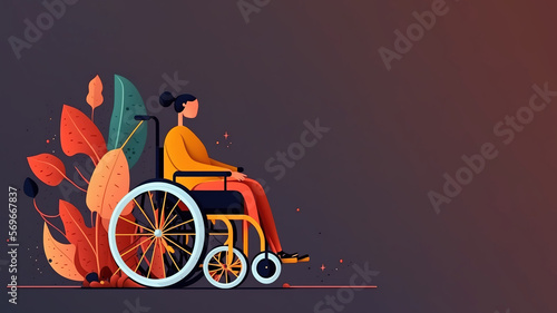 Woman in wheelchair. Disability and accessibility concept. Flat design minimalist concept with copy space. Generative AI Illustration