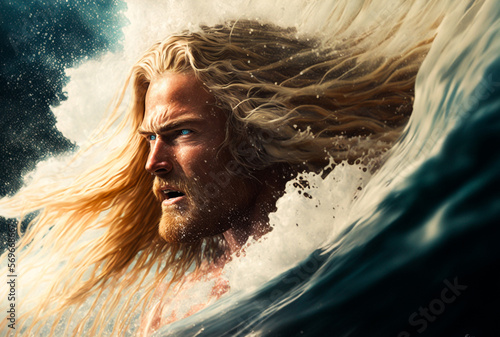 Handsome blonde man with piercing blue eyes in surf ocean wave. Generative AI