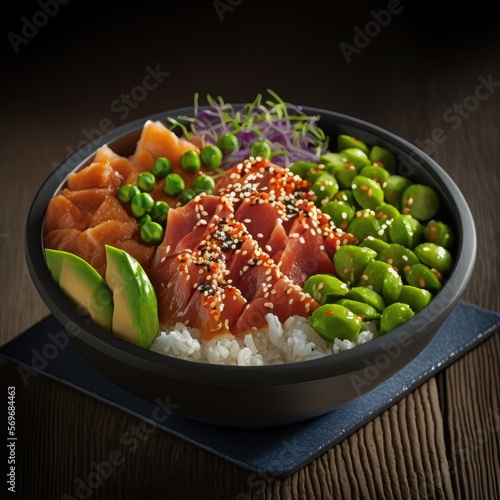 Salmon fresh poke with veggies on bowl ready for eat.