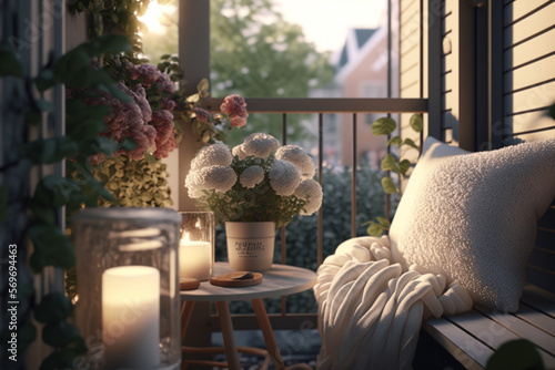 A cozy seating area on the balcony with a comfortable chair, table, candles and flower pots. AI generated