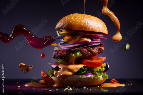 Appetitanregender, explodierender Burger isoliert auf einfarbigen hintergrund - Generative Ai 