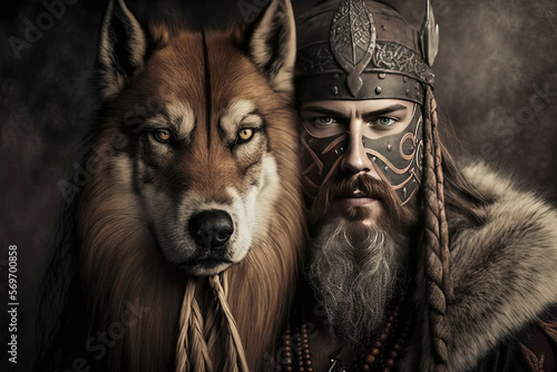 Viking norseman with his wolf spirit guide - Created with generative AI technology