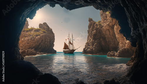 View from the cave entrance, a detailed caravel in the sea. Waves hitting the rocks inside the cave. Atmospheric effect.