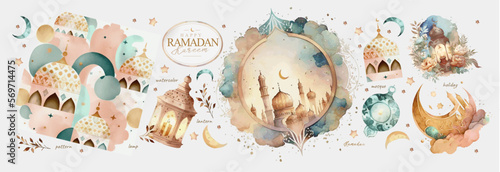 Ramadan Kareem. Vector watercolor illustration of a crescent, lantern, mosque, ornament and pattern for a greeting card, background or congratulation