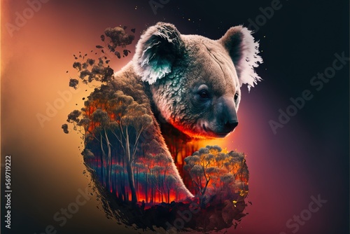 koala animals and forest fire in the style of double exposure created with Generative AI technology
