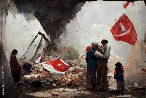 Despair and hurt, people crying after the earthquake in Turkey, families distraught, pain and suffering in the rubble on the streets in collapsed buildings. 