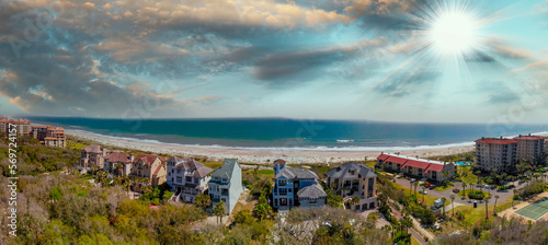 Amazing panoramic aerial view of Amelia Island from drone at dusk, Florida - USA