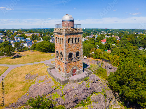 High Rock Tower aerial view in downtown Lynn, Massachusetts MA, USA. The tower was built in 1847 and now is a observatory with a telescope on top of it. 