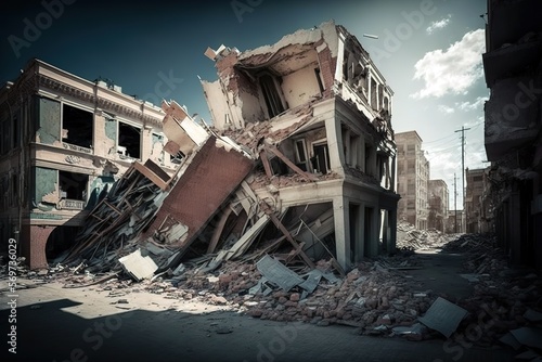 Natural disaster, earthquake concept. Devastated building. Generative AI Illustration