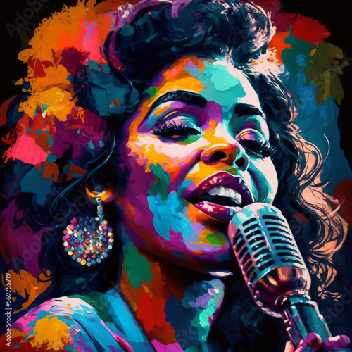 funk pop art style portrait of a beautiful jazz singer woman singing to the microphone hat Generative Ai