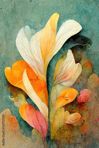 Beautiful flowing watercolor flowers / bouquet, high quality scan print illustration. Generative AI.