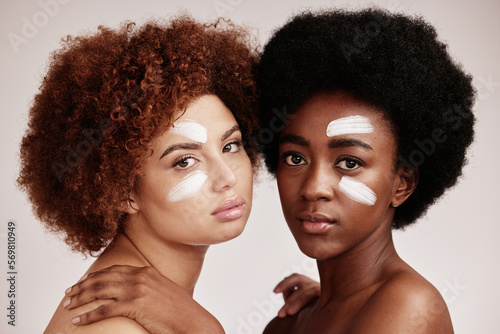 Beauty, cream and diversity black women portrait in studio with dermatology cosmetic skincare. Aesthetic model friends for color, self love and spa wellness with facial skin glow and natural hair