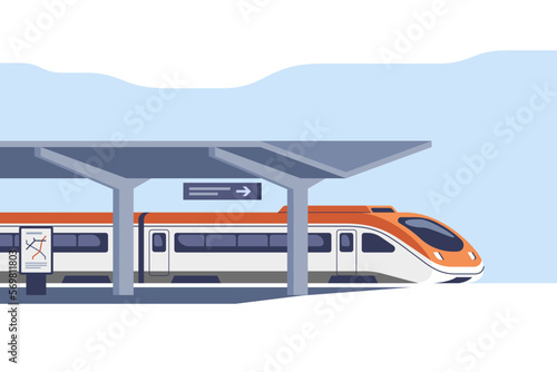 High speed intercity passenger train on the railway station. Vector illustration.