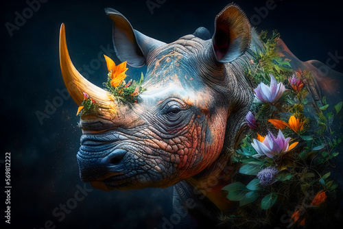 Beautiful rhino in a colorful floral portrait, surrounded by nature - Generative AI