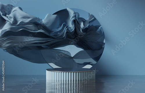 3D background. Blue podium, display on water. Silk cloth in motion. Circle frame for Beauty, product, cosmetic presentation. Feminine scene with pedestal. 3d render mockup.