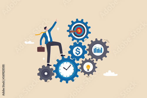 Effectiveness, efficiency or productivity for better result, improve performance or process, development or business management concept, business entrepreneur with cog wheels with effective elements.