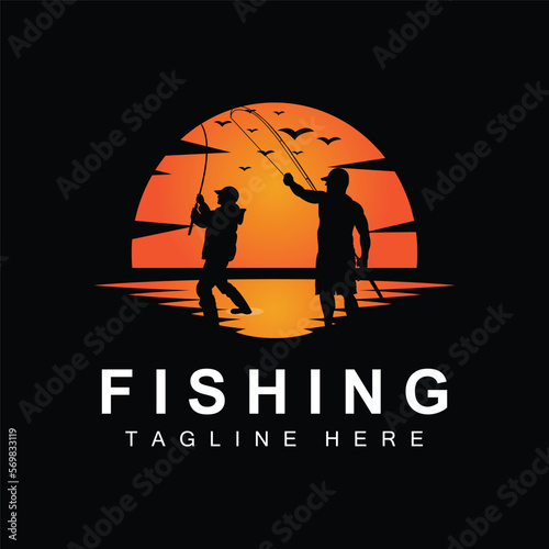 fishing logo icon vector, catch fish on the boat, outdoor sunset silhouette design