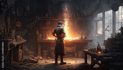 Dwarf blacksmith crafting a masterful weapon. The environment is a bustling forge filled with the sounds of clanging metal and the smell of burning coal. Illustration fantasy by generative IA
