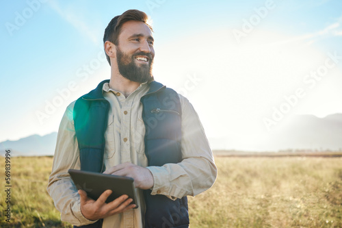 Research or agriculture man on tablet on farm for sustainability, production or industry growth analysis. Agro, happy or farmer on countryside field for weather, checklist or data search in Texas