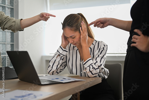 Frustrated employee intern unfair reprimand rebuke, suffers from bad attitude at work. Emotional pressure and stress at work.