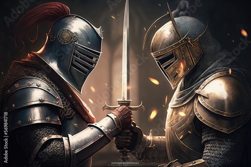 Duel of knights on the background of the forest. Full set of knightly armor, swordsmen, middle ages, fantasy, high resolution, illustrations, art. AI