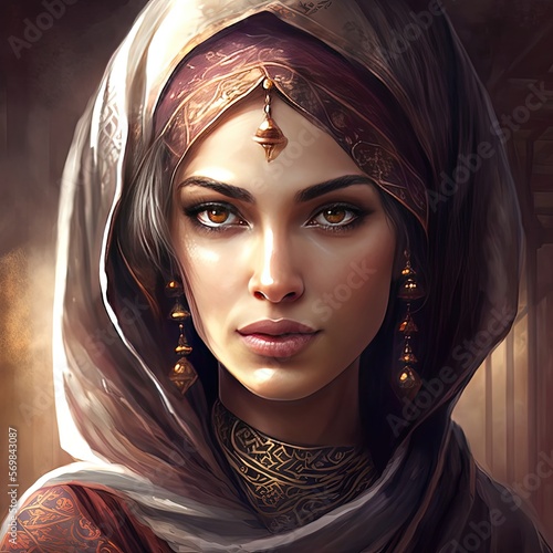 A beautiful Arab woman. Non-existent person, brown eyes, covered head, gold earrings, high resolution, illustrations, art. AI