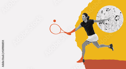 Modern creative design. Contemporary art. Young woman in uniform playing tennis, hitting ball with racket. Competitive mood. Concept of sport, motion, action, competition. Bright colors