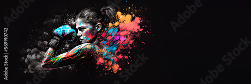 Boxing sport woman boxer colorful splash horizontal banner on black background illustration with copy space. Generative AI graphic
