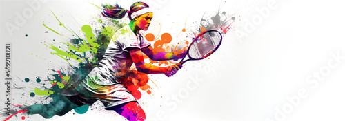 Tennis sport woman player colorful splash horizontal banner on white illustration with copy space. Generative AI graphic