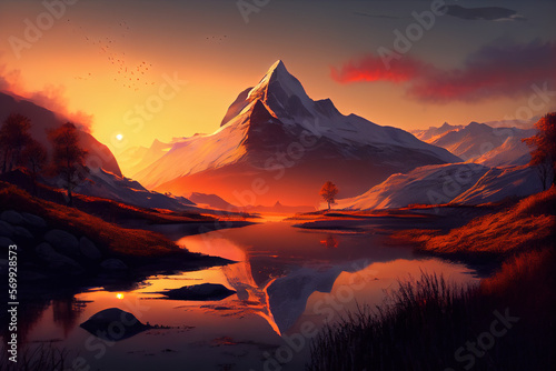 Mountain landscape at sunset. Generative AI