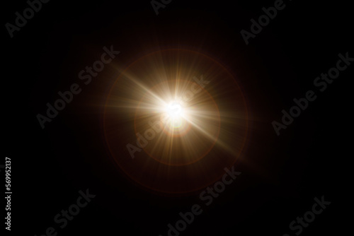 Easy to add lens flare effects for overlay designs or screen blending mode to make high-quality images. Abstract sun burst, digital flare, iridescent glare over black background.